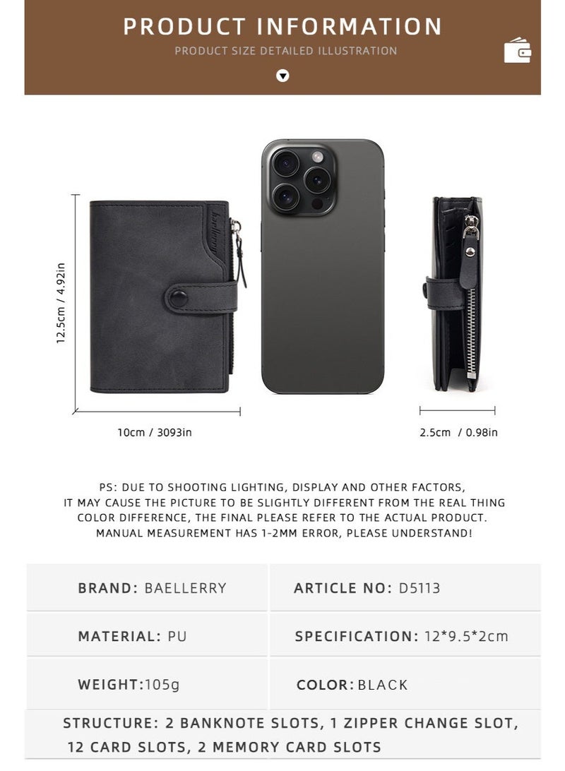 baellerry Ramadan's Practical Gift | BAELLERY Men's Black PU Wallet - 17 Card Slots, Zippered Coin Pocket & Bill Compartment, Slim & Durable - Image 5